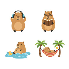 Fototapeta premium Vector of Cute capybara doing relaxing activities: listening to music, reading, bathing, and resting in a hammock under palm trees. Adorable cartoon animal lifestyle