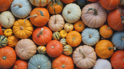 Flat Lay Top-Down View of Colorful Pumpkins and Gourds in Autumn Arrangement on Dark Background
