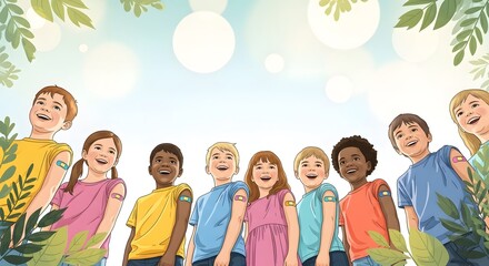 Cheerful vaccinated children smiling outdoors showing their bandaged arms promoting child healthcare vaccination awareness and community immunity