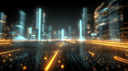 Futuristic Cityscape with Glowing Data Streams: A Vision of Innovation and Technological Advancement