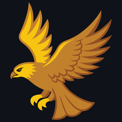 Golden eagle in flight with wings spread wide against a dark background