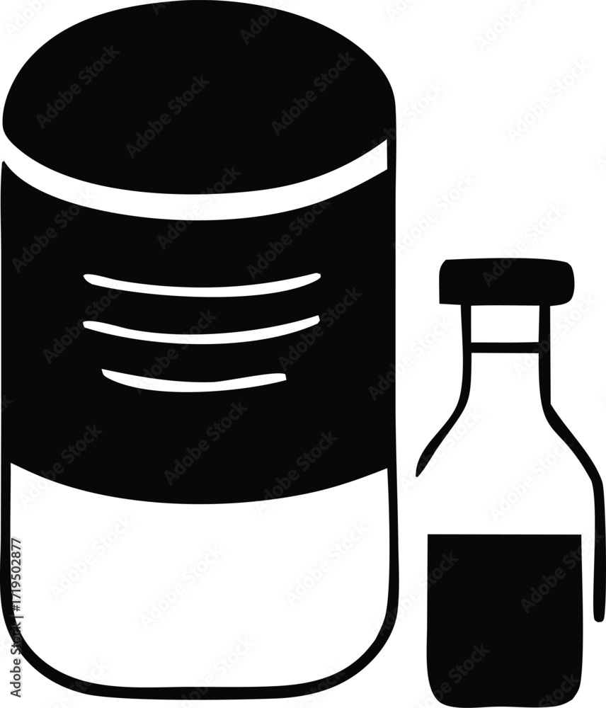 Poster simple black and white icons of a large can and a small bottle presenting a contrast in size and for