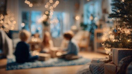 Festive Holiday Celebration: Children Gather Around Christmas Tree in Cozy, Warmly Lit Living Room