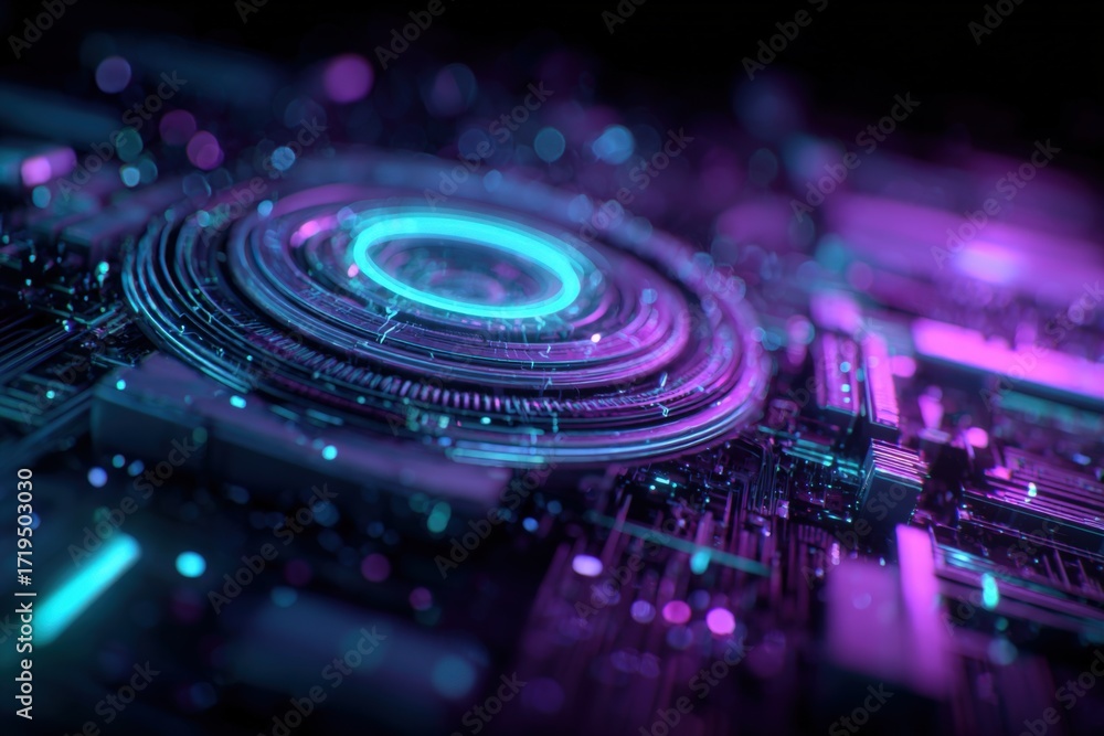 Poster abstract technology background with glowing concentric circles and intricate circuitry, perfect for 