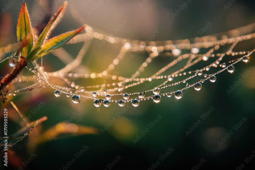 Poster delicate spiderweb adorned with morning dew: a captivating nature scene with bokeh background