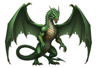 Obraz premium A majestic, emerald-scaled dragon with fiery accents, set against a dark backdrop, displays powerful wings and a fierce posture.
