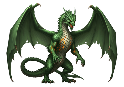 A majestic, emerald-scaled dragon with fiery accents, set against a dark backdrop, displays powerful wings and a fierce posture.