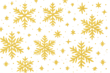 Golden glitter snowflakes and stars creating a festive winter holiday seamless pattern. Transparent background