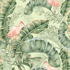 Pink Ibis Jungle Seamless pattern isolated. Watercolor roseate heron in banana leaves of tropical palms hand drawn. Endless repeat background neutral colors for swimwear, and coastal home decor.