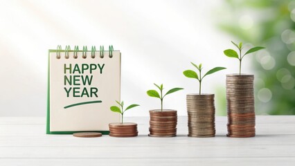 Happy new year growth from stacked coins with growing plants symbolizing financial success