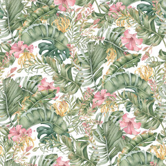 Obraz premium Tropical floral watercolor seamless pattern isolated white. Lush palm fronds, hibiscus, and blossoms in soft pink and yellow hand painted. Delicate jungle print for wallpaper, beach textiles.