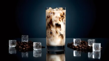 背の高いグラスに入ったアイスコーヒー豆と氷を添えて