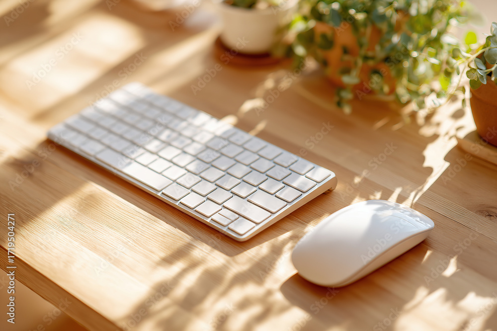 Poster wireless keyboard and mouse arranged on a wooden desk with plants around in soft lighting