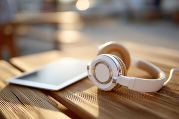 Modern tablet PC and headphones on a wooden table