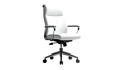 Fototapeta premium Sleek white leather office chair with padded high back, armrests, and a five-star base on casters