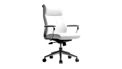 Sleek white leather office chair with padded high back, armrests, and a five-star base on casters