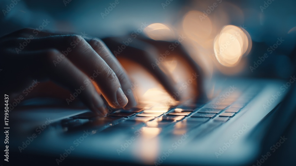 Poster close-up of hands typing on a laptop keyboard in low light with bokeh background