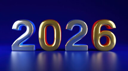 Elegant 3D Rendering of Year 2026 in Gold and Silver on a Deep Blue Backdrop