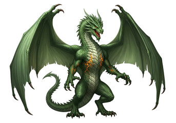 Naklejka premium A majestic, emerald-scaled dragon, displaying intricate details, stands imposingly against a dark backdrop.