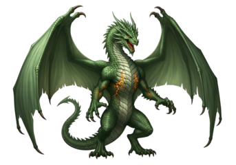 A majestic, emerald-scaled dragon, displaying intricate details, stands imposingly against a dark backdrop.