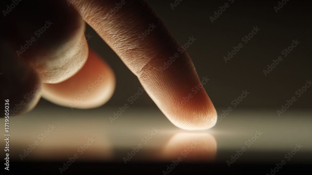 Poster finger touching a reflective surface, creating a digital interaction and conveying concepts of conne