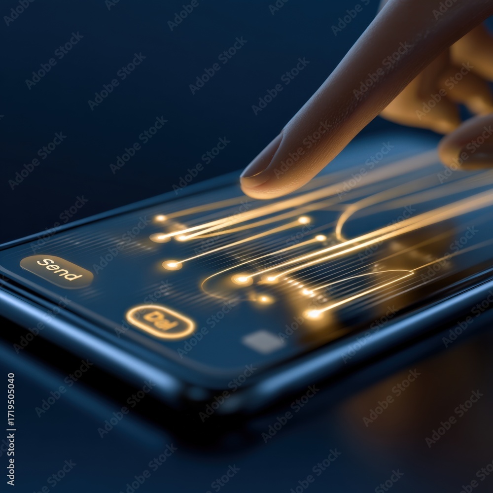 Poster finger interacting with futuristic smartphone interface displaying glowing connections for data tran