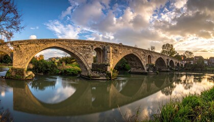 Fototapeta premium Stone Arch Bridge Over Calm River Reflecting Cloudy Blue Sky at Sunset Panoramic View