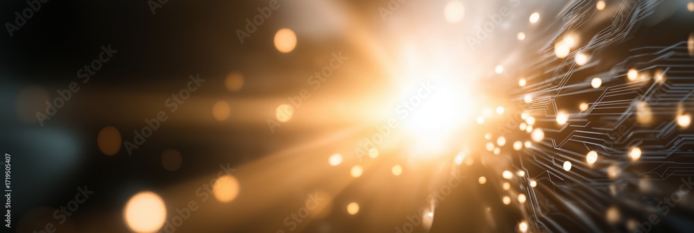 Poster Abstract glowing light burst with digital circuit lines on a dark background