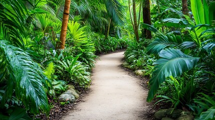 Fototapeta premium Winding path through lush tropical rainforest with vibrant green foliage, creating a serene and inviting scene for nature enthusiasts and adventurers