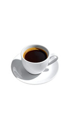 A small, white espresso cup filled with dark, rich coffee sits on a matching saucer, illuminated by sunlight casting a shadow