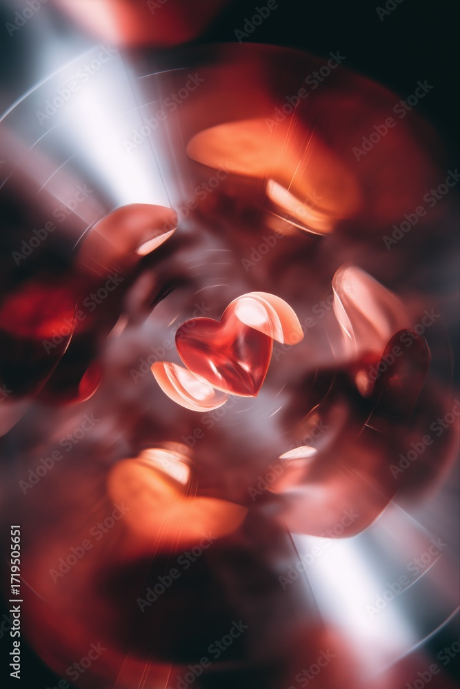 Poster Abstract red heart shapes surrounded by dynamic light streaks in dark background