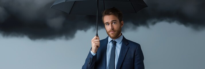 Young caucasian male in suit holding umbrella under dark storm clouds