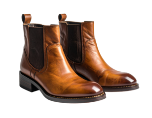 Pair of polished, light brown leather ankle boots with elastic side panels, slightly rounded toes, and low block heels, displayed against a black background
