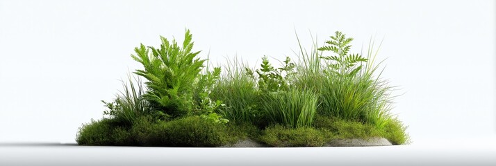 Lush green island of diverse plants on white background