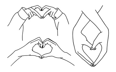 Set of drawn hands with heart gesture, in line art style, declaration of love, Valentine's Day, vector illustration.