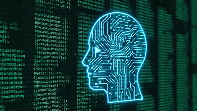 Glowing blue circuit board human head against a dark green computer code background with a neon effect.