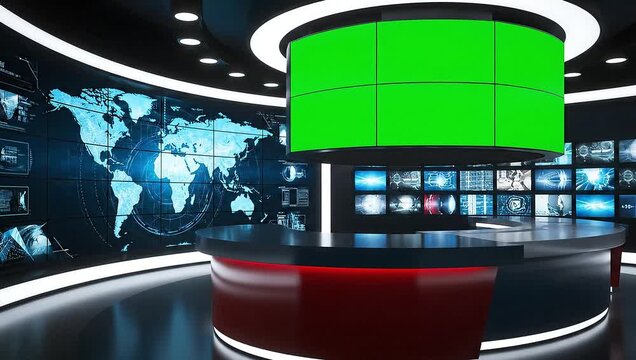 Modern news studio with green screen display and world map background
