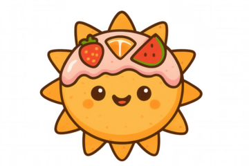 Cute smiling sun character with summer fruit topping, happy cartoon illustration, transparent background