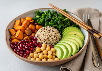 Close-Up of Colorful Vegan Buddha Bowl with Quinoa, Vegetables, and Avocado on Rustic Ceramic Plate