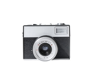 A vintage, silver and black rangefinder camera with a built-in flash, showcasing a classic design and detailed lens markings