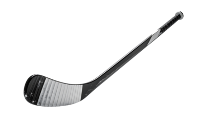 Sleek black and grey hockey stick with a curved blade and textured grip