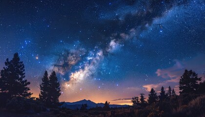 Fototapeta premium Vibrant Milky Way Shines Above Dark Silhouetted Trees and Distant City Lights in Night Sky Scenery Scape with Sparkling Stars Twinkling Overhead