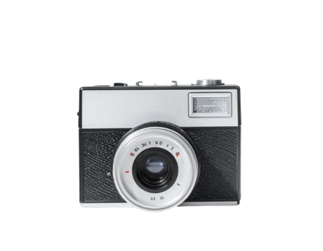 A vintage, silver and black rangefinder camera with a built-in flash, showcasing a classic design and detailed lens markings