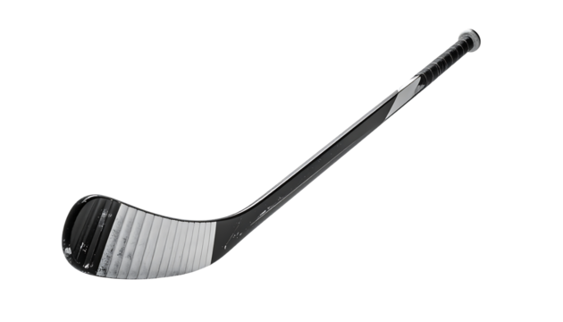 Sleek black and grey hockey stick with a curved blade and textured grip - Powered by Adobe