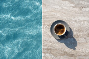 Coffee cup beside turquoise water a serene and peaceful setting