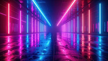 Vibrant Neon Light Tunnel with Reflective Floor and Atmospheric Haze