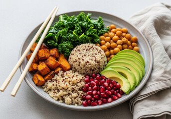 Close-Up of Colorful Vegan Buddha Bowl with Quinoa, Vegetables, and Avocado on Rustic Ceramic Plate