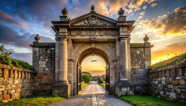 Stone Archway with Ornate Details at Sunset in Portugal Cinematic Architecture with Dramatic Sky Cobblestone Path Leading Through Gateway Heritage Landmark HDR