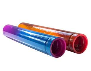 Two cylindrical pipes, one blue, one orange-brown, with vibrant gradient ends, displayed against a black background
