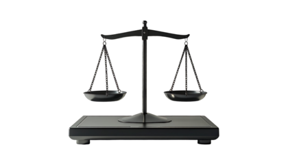A metallic scale of justice sits on a dark rectangular base against a black background, its pans slightly uneven